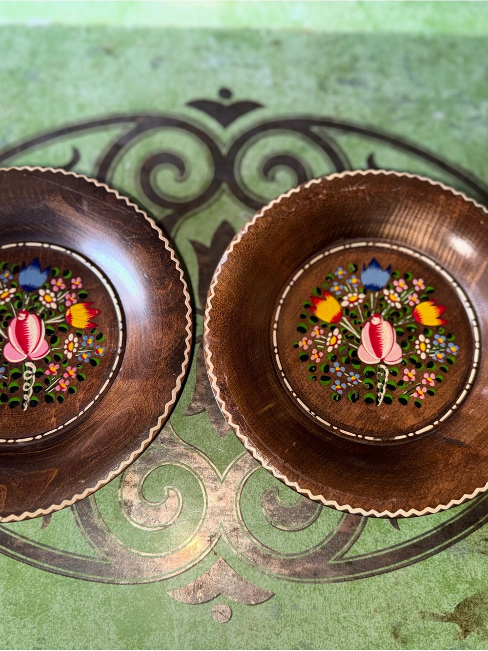Hand-Painted Floral Wooden Serving Bowls - Brown